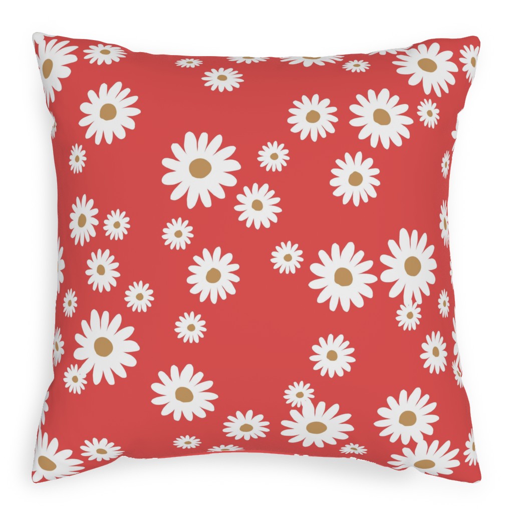 Vintage Daisies - White on Red Pillow, Woven, Black, 20x20, Single Sided, Red