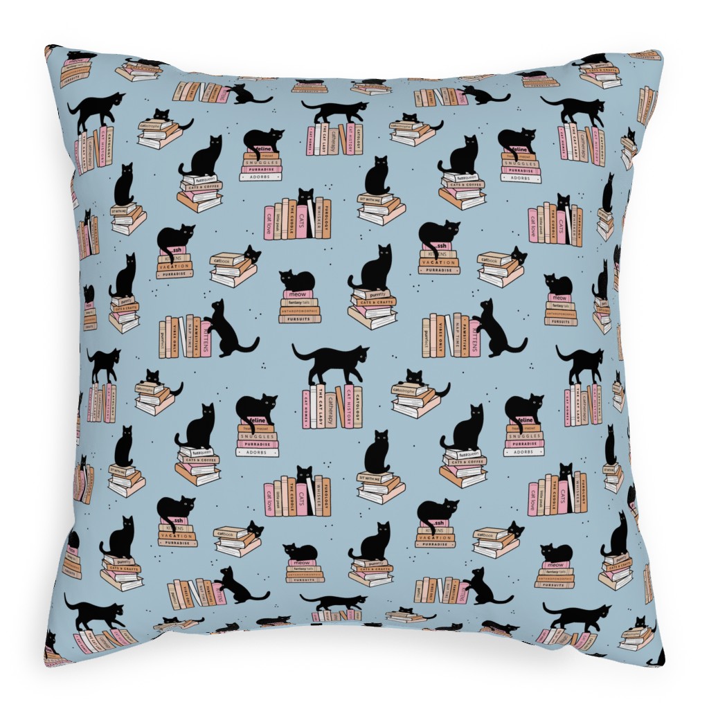 Cats and Books Pillow, Woven, Black, 20x20, Single Sided, Blue