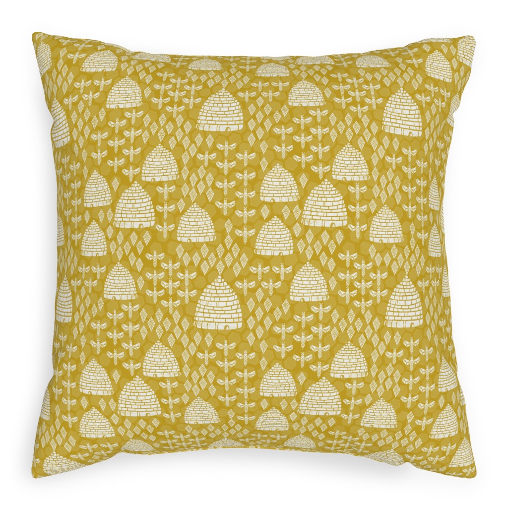 Bee Hives, Spring Florals Linocut Block Printed - Golden Yellow Pillow, Woven, Black, 20x20, Single Sided, Yellow