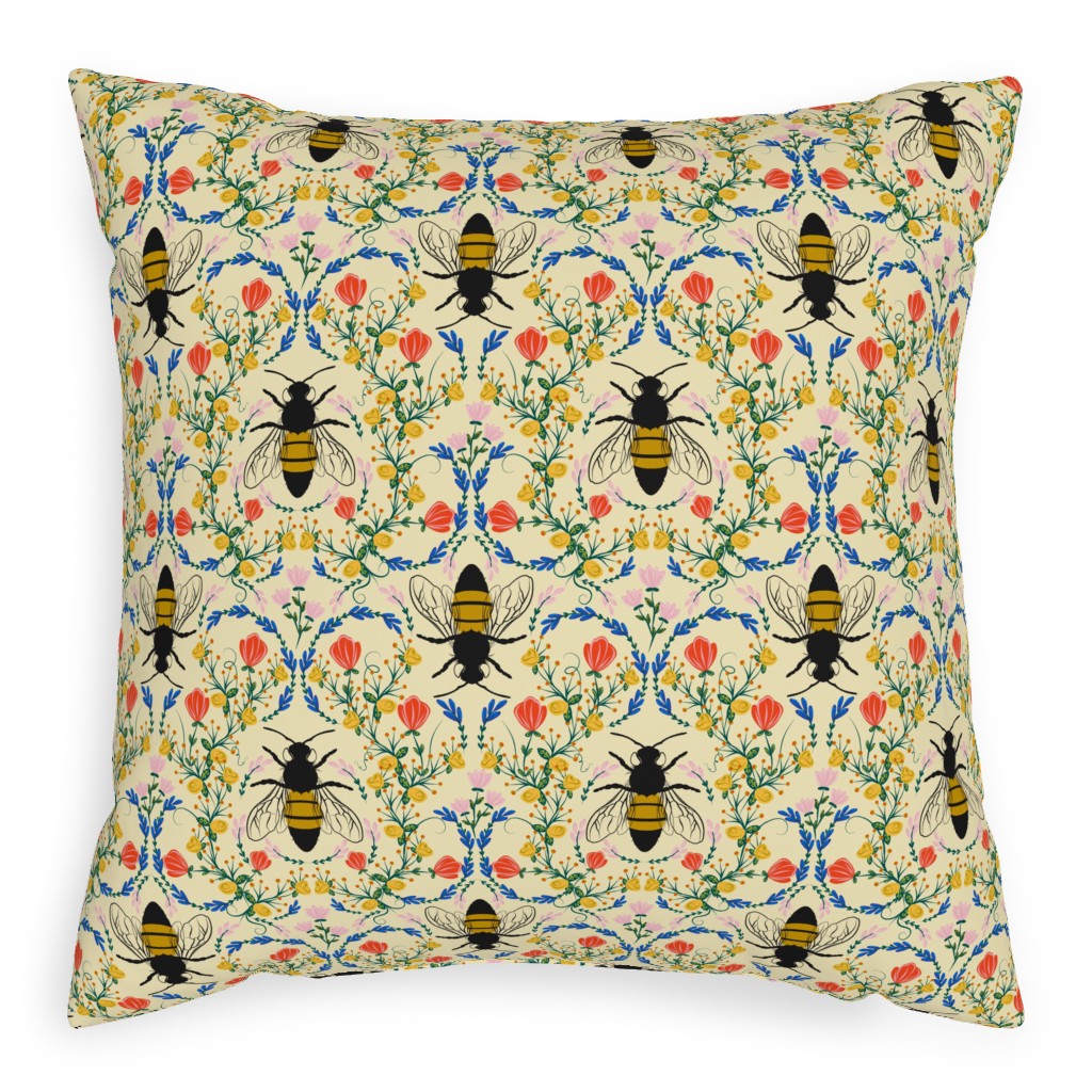 Bee Garden - Multi on Cream Pillow, Woven, Black, 20x20, Single Sided, Yellow