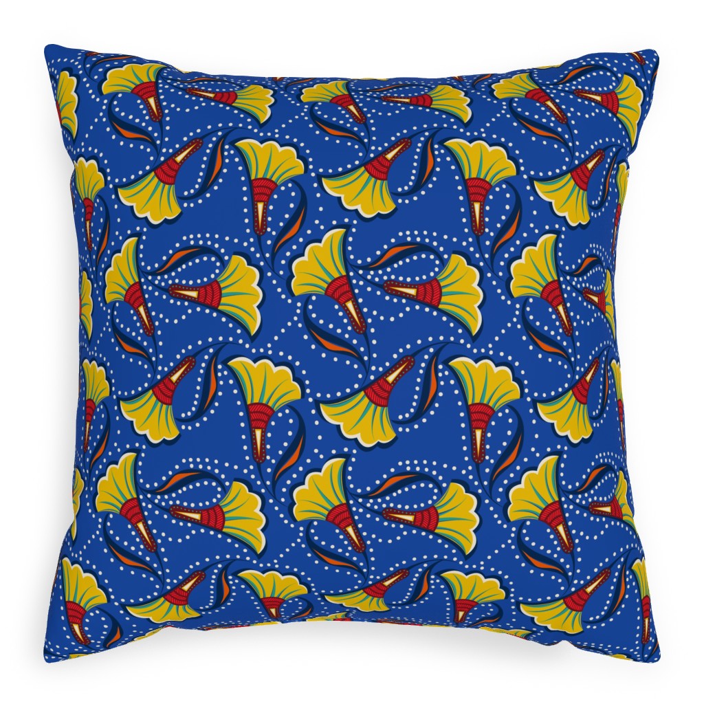 African Floral Pillow, Woven, Black, 20x20, Single Sided, Blue, True Blue