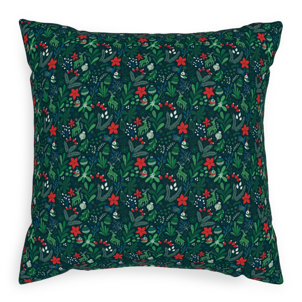 Merry Christmas Floral - Dark Pillow, Woven, Black, 20x20, Single Sided, Green, Classic Green