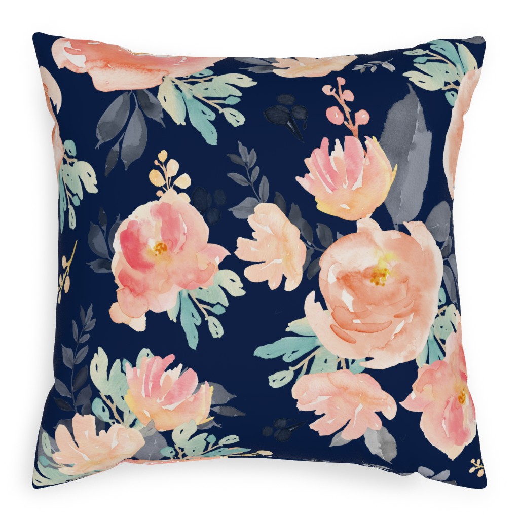 Watercolor Florals Pillow, Woven, Black, 20x20, Single Sided, Multicolor