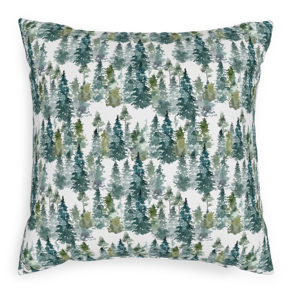 Woodland Trees Watercolor - White Pillow, Woven, Black, 20x20, Single Sided, Green, Classic Green