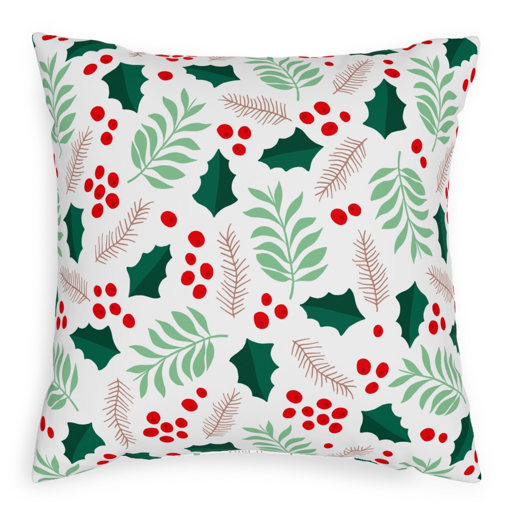 Botanical Christmas Garden Pine Leaves Holly Branch Berries - Green and Red Pillow, Woven, Black, 20x20, Single Sided, Green, Classic Green