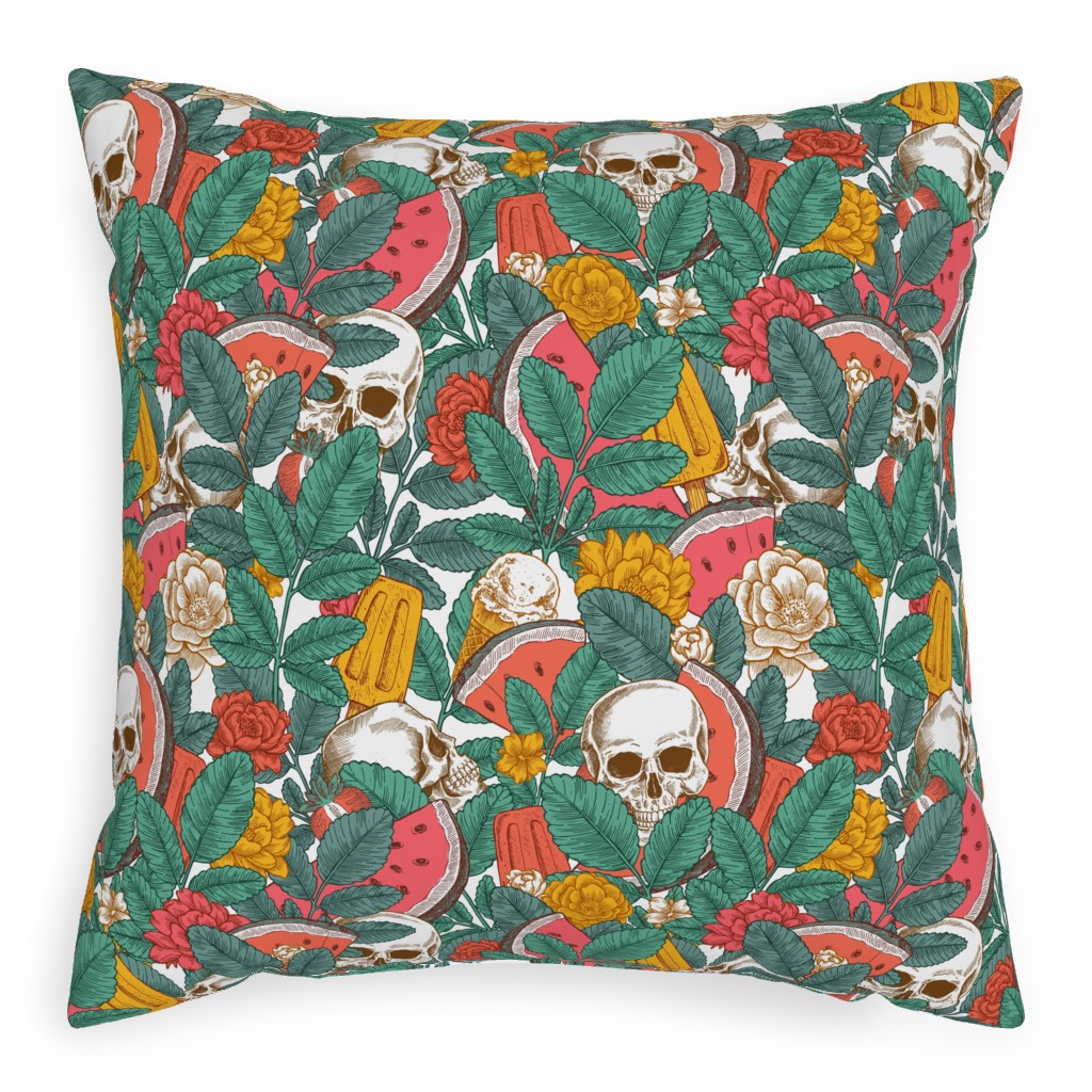 Summer Skull - Multi Pillow, Woven, Black, 20x20, Single Sided, Green