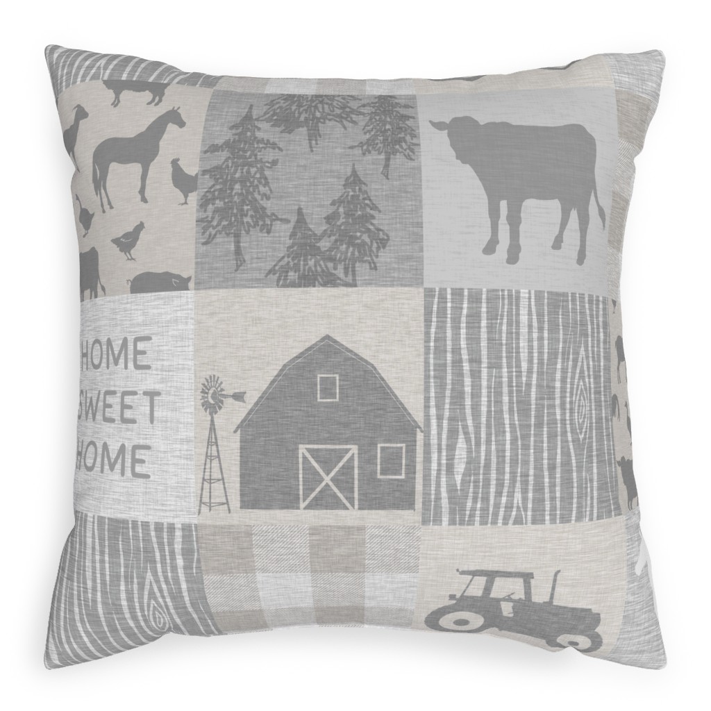 Home Sweet Home Farm - Grey and Cream Pillow, Woven, Black, 20x20, Single Sided, Gray