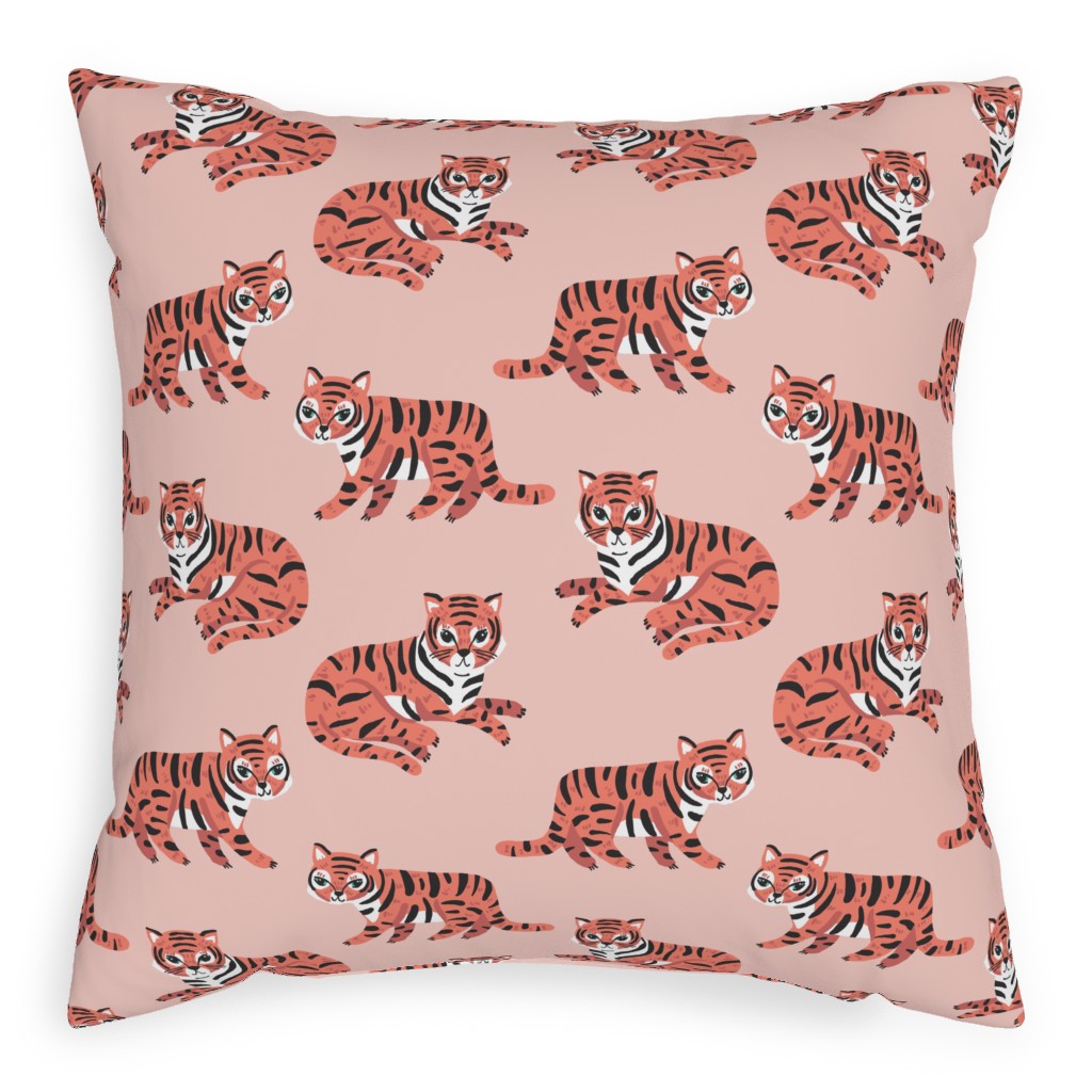 Jungle Tigers - Blush and Coral Pillow, Woven, Black, 20x20, Single Sided, Pink