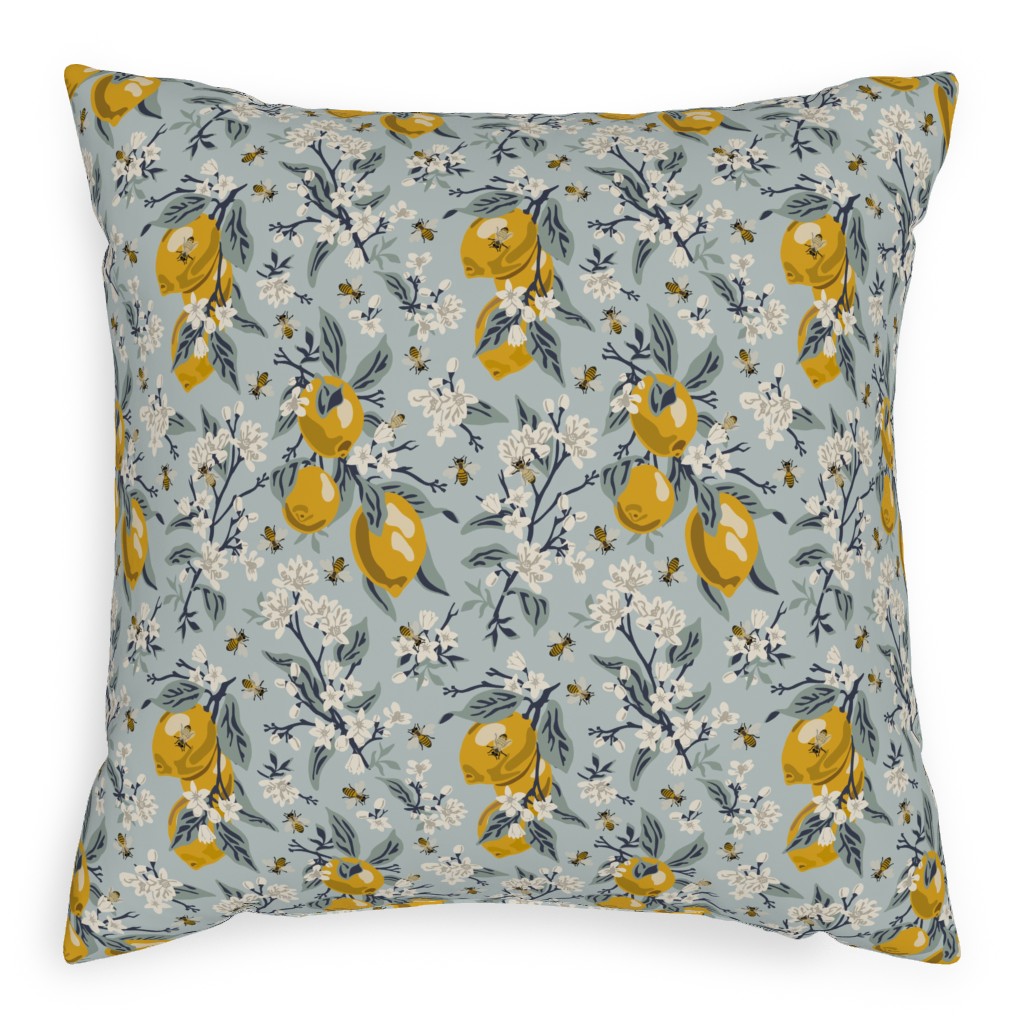 Bees, Blossoms & Lemons - Blue Pillow, Woven, Black, 20x20, Single Sided, Blue