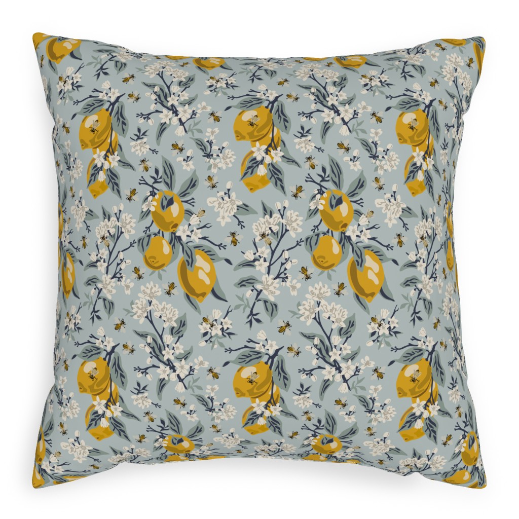 Bees, Blossoms & Lemons - Blue Pillow, Woven, Black, 20x20, Single Sided, Blue, True Blue