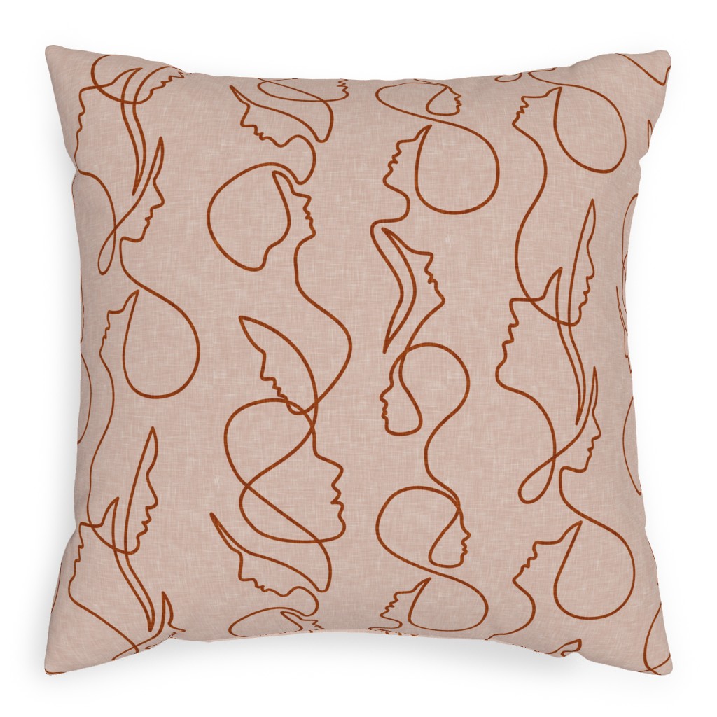 Aria - Flowing Faces - Blush and Brick Pillow, Woven, Black, 20x20, Single Sided, Pink