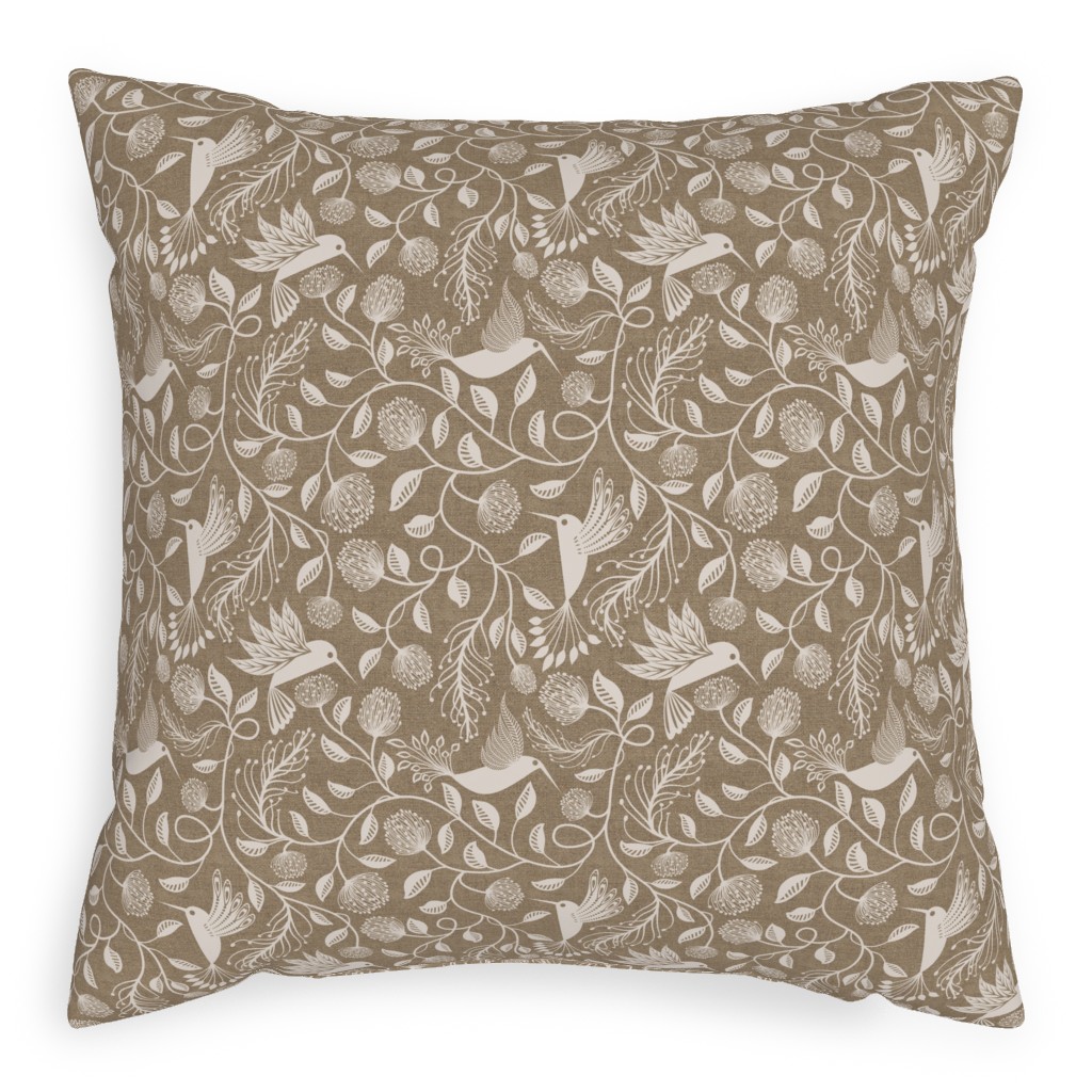 Papercutting Floral and Hummingbirds - Neutral Pillow, Woven, Black, 20x20, Single Sided, Beige