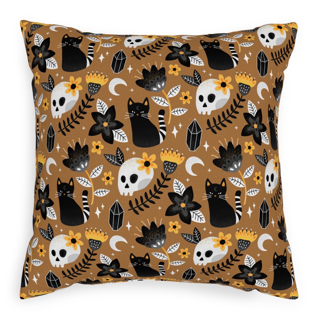Black Cat & Floral Skull Pillow, Woven, Black, 20x20, Single Sided, Brown