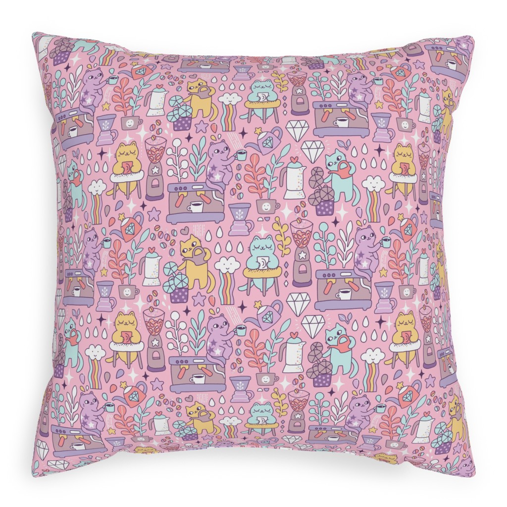 Cute Cats - Multicolor Pastel Pillow, Woven, Black, 20x20, Single Sided, Pink, Bright Pink