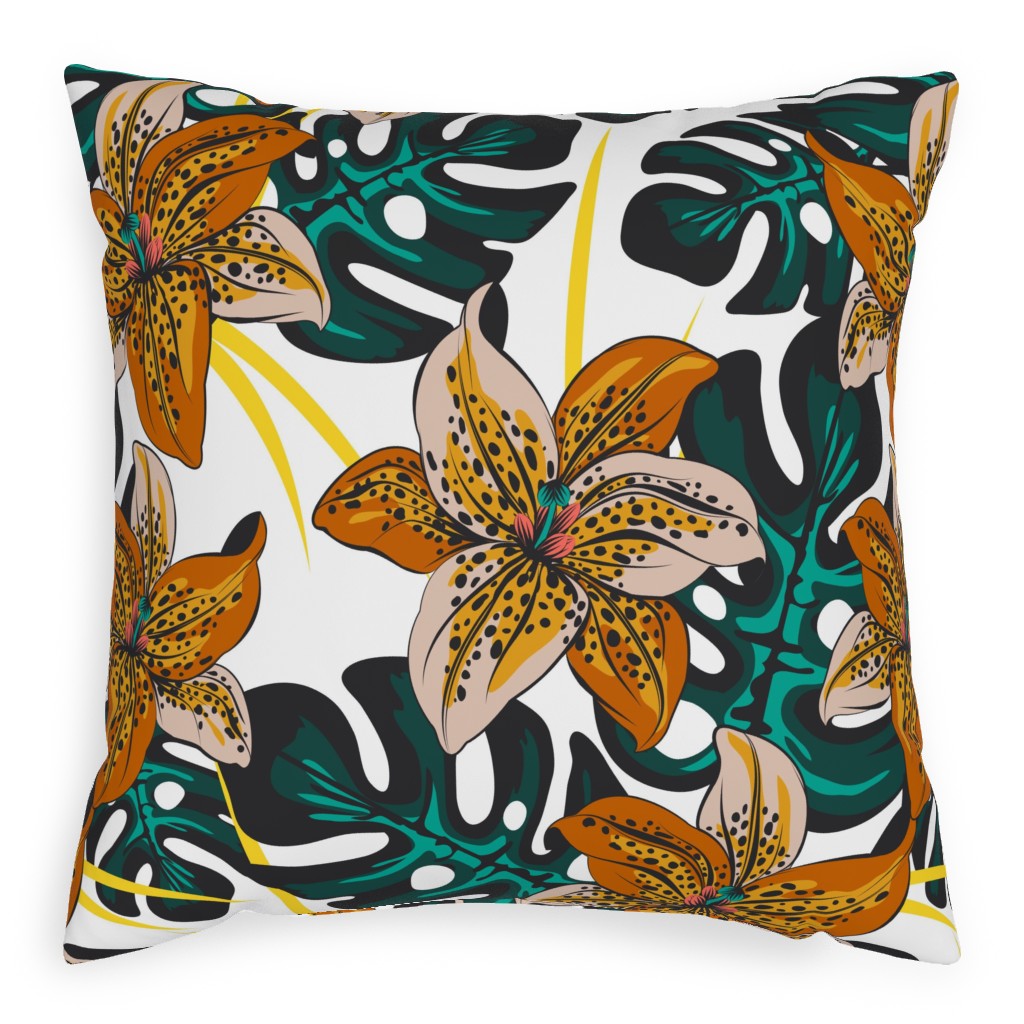 Tropical Lily on White Pillow, Woven, Beige, 20x20, Single Sided, Multicolor