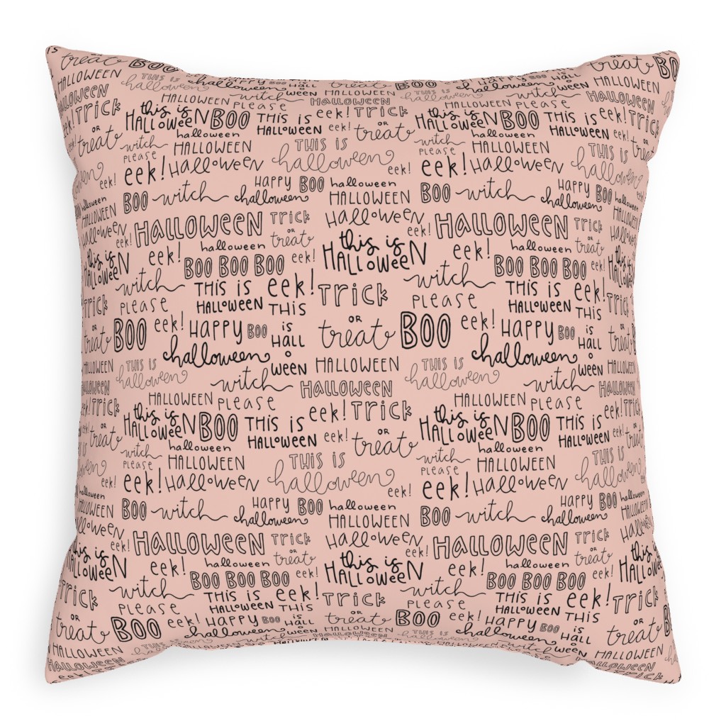 Halloween Words - Black Pillow, Woven, Beige, 20x20, Single Sided, Pink