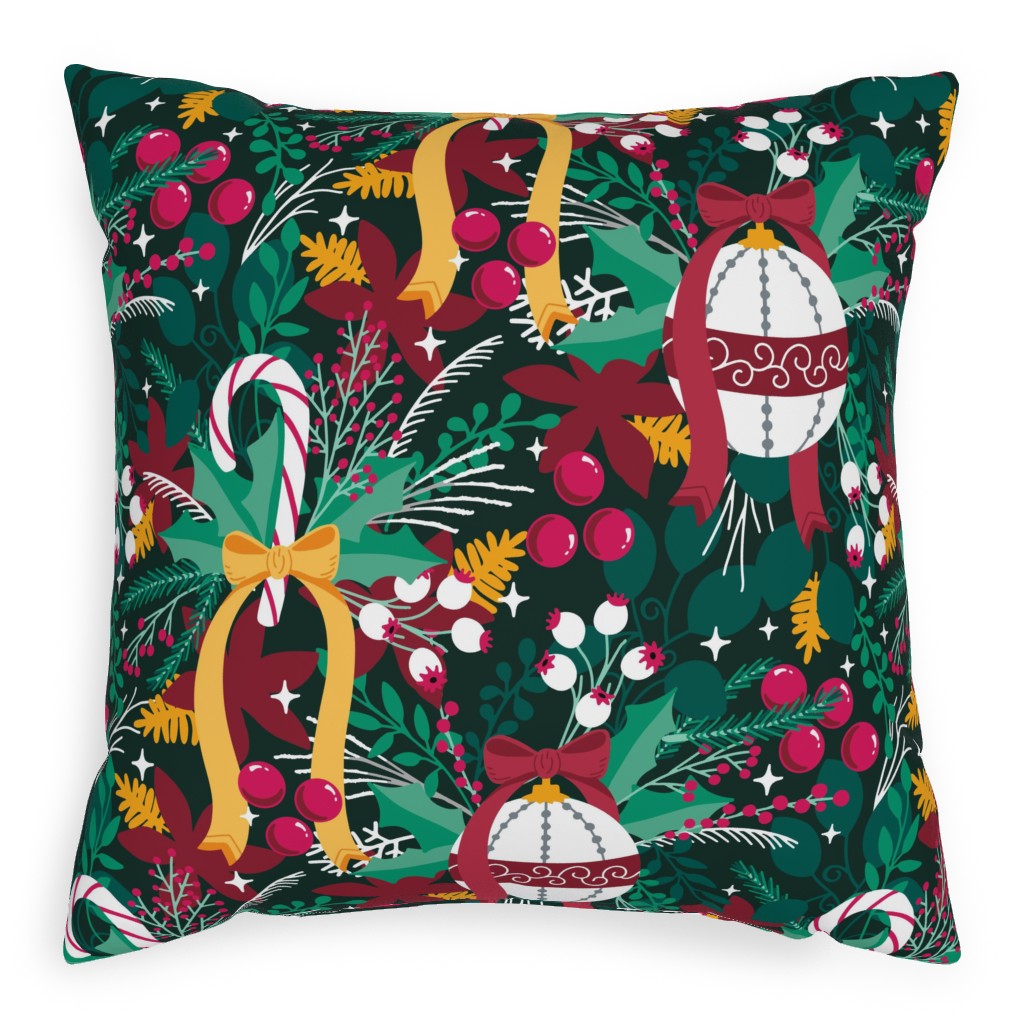 Christmas Tree Ornaments and Candy Candy - Multi Pillow, Woven, Beige, 20x20, Single Sided, Multicolor