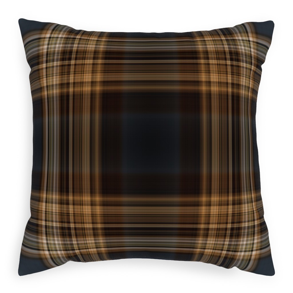 Fine Line Plaid - Dark Blue and Brown Pillow, Woven, Beige, 20x20, Single Sided, Brown