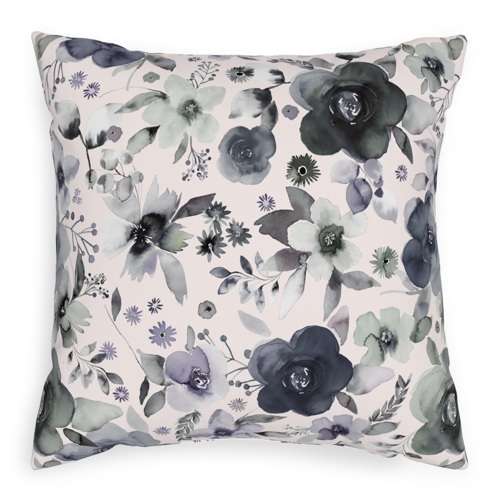 Wintery Watercolor Flower Bouquets - Navy Pillow, Woven, Beige, 20x20, Single Sided, Blue, True Blue