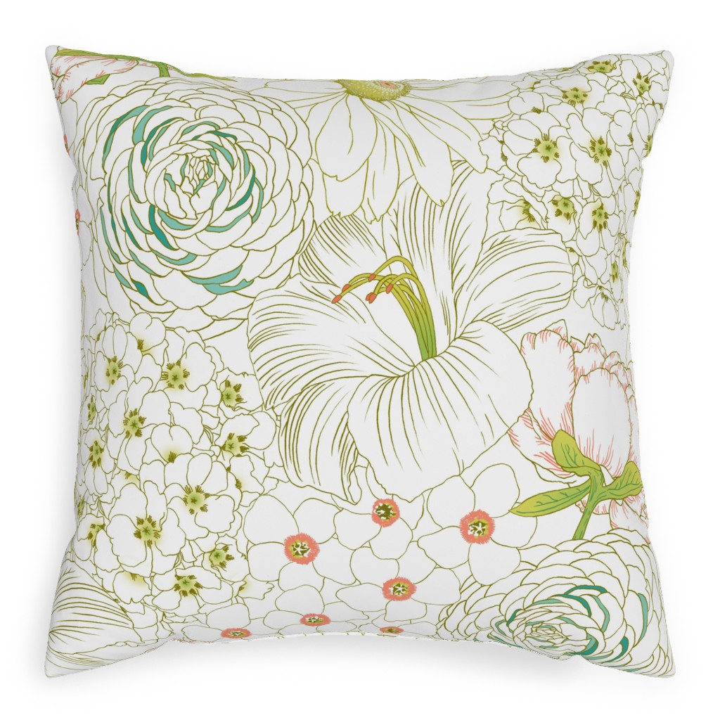 Big Blooms Pillow, Woven, Beige, 20x20, Single Sided, Green, Classic Green