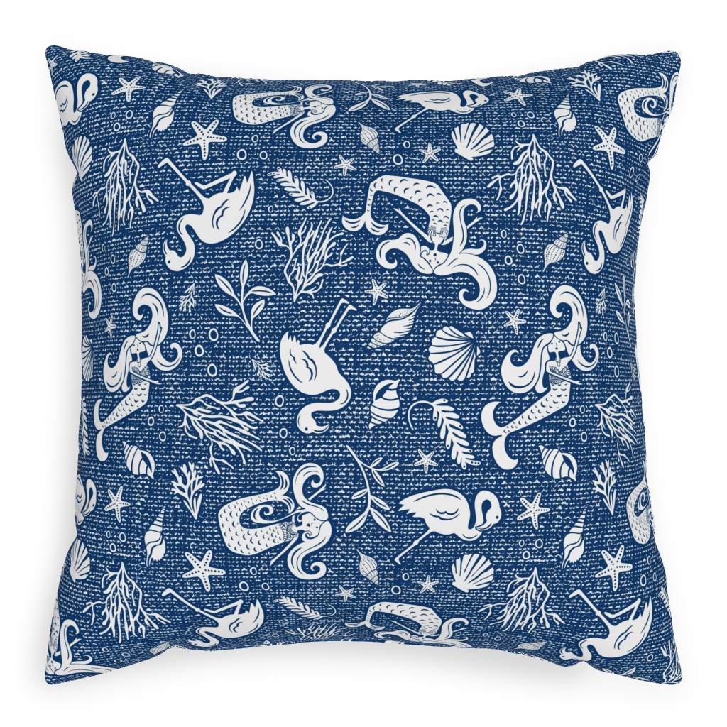 Beachy Keen Mermaid and Flamingo - Blue Pillow, Woven, Beige, 20x20, Single Sided, Blue