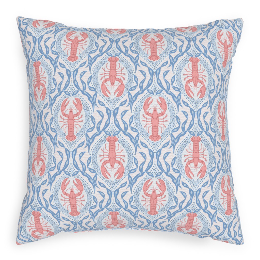 Lobster and Seaweed Nautical Damask - White, Coral Pink and Cornflower Blue Pillow, Woven, Beige, 20x20, Single Sided, Blue, True Blue