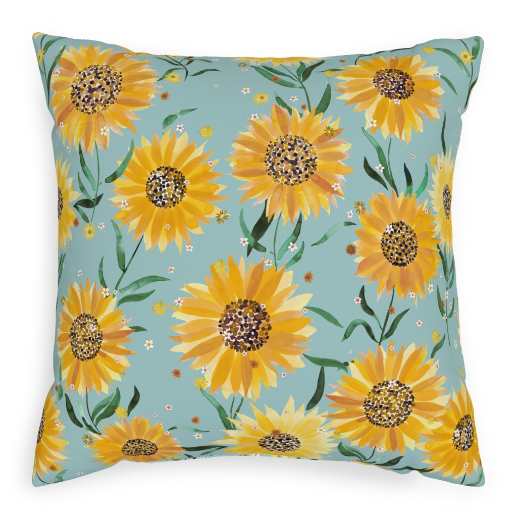 Watercolor Sunflowers - Yellow on Blue Pillow, Woven, Beige, 20x20, Single Sided, Yellow