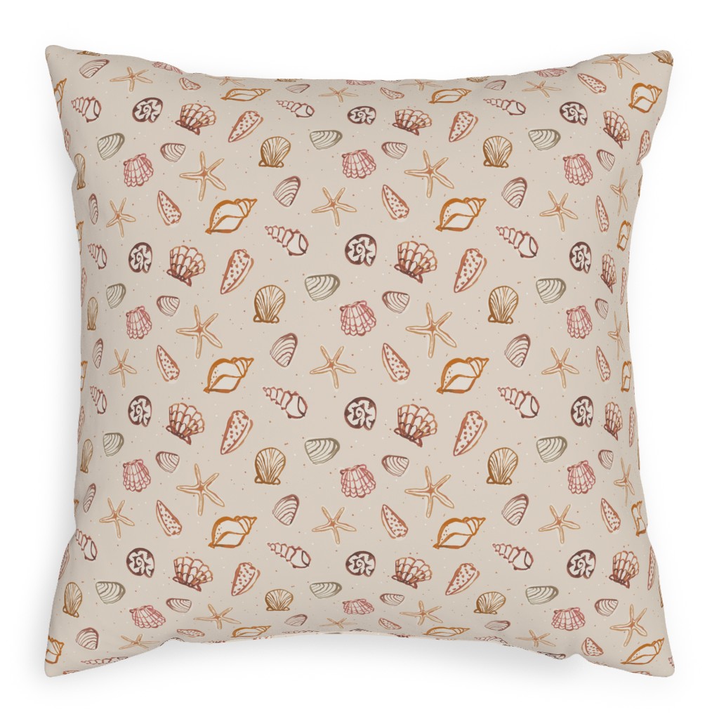 Painted Summer Beach Seashells Pillow, Woven, Beige, 20x20, Single Sided, Multicolor