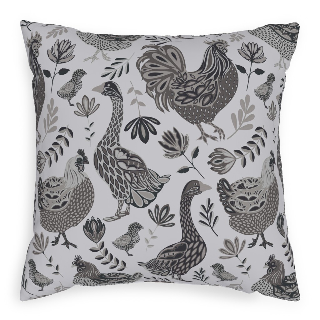 French Farm Birds - Greyscale Pillow, Woven, Beige, 20x20, Single Sided, Gray, Gray