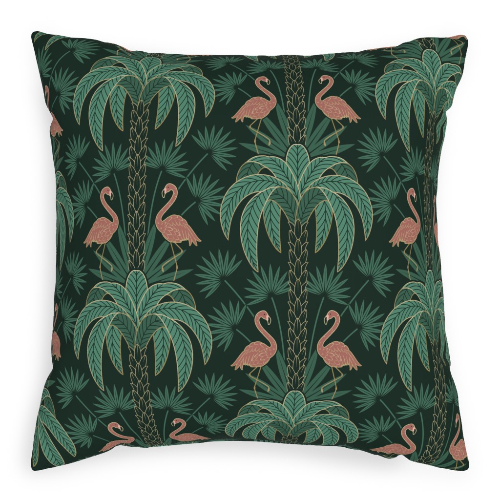 Palm Trees and Flamingos Deco Tropical Damask - Green Pillow, Woven, Beige, 20x20, Single Sided, Green