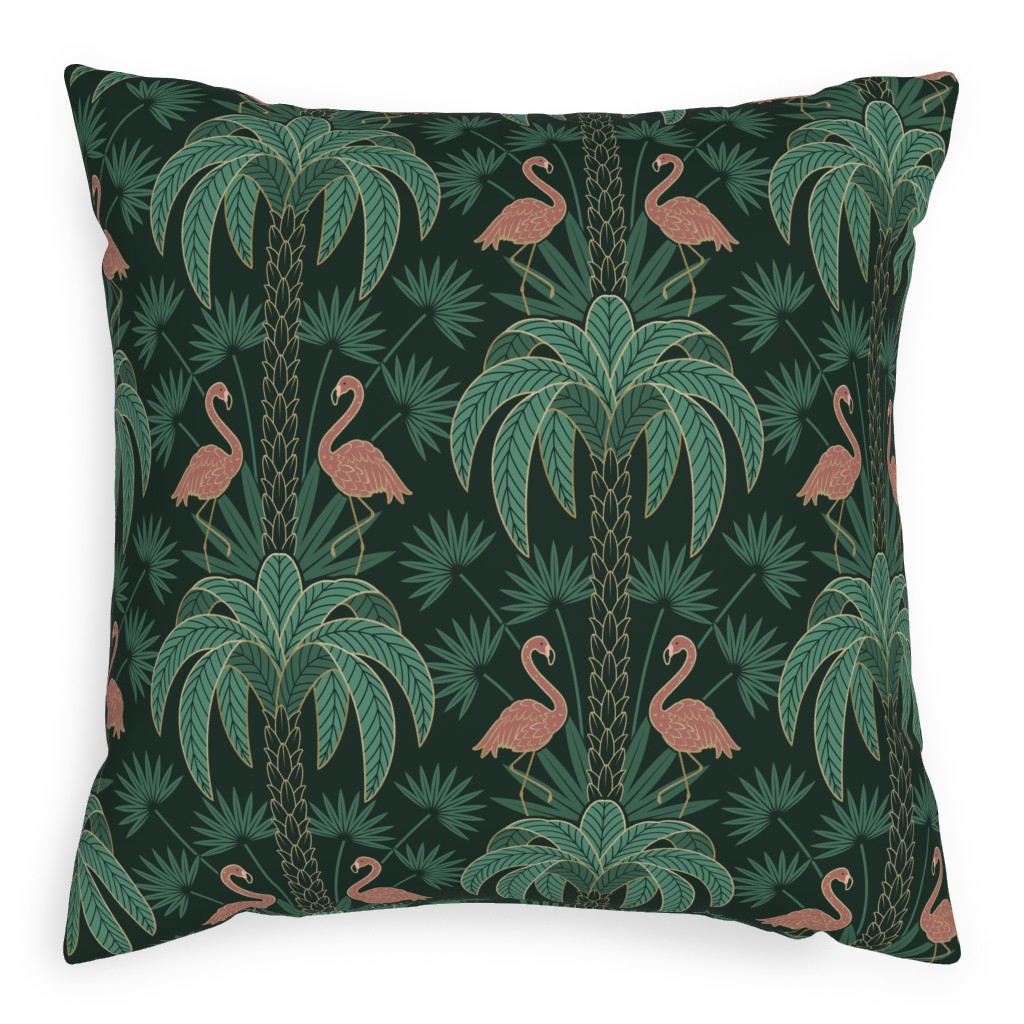 Palm Trees and Flamingos Deco Tropical Damask - Green Pillow, Woven, Beige, 20x20, Single Sided, Green, Classic Green