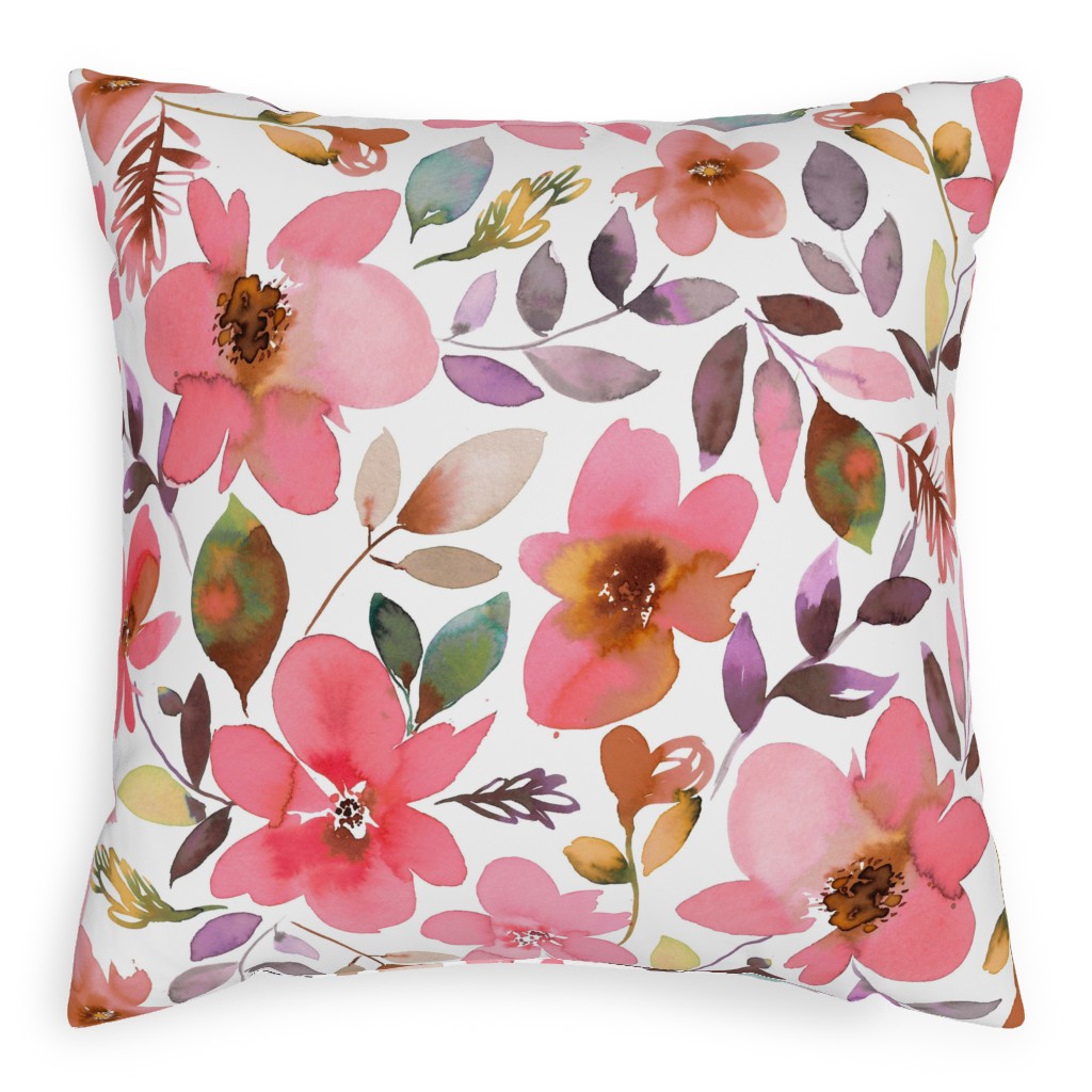 Summery Watercolor Flowers - Coral Pink Pillow, Woven, Beige, 20x20, Single Sided, Pink, Bright Pink