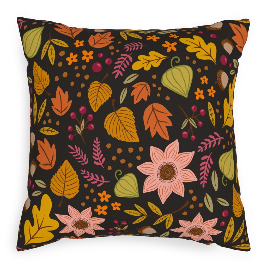 Autumn Fall Floral - Dark Pillow, Woven, Beige, 20x20, Single Sided, Multicolor