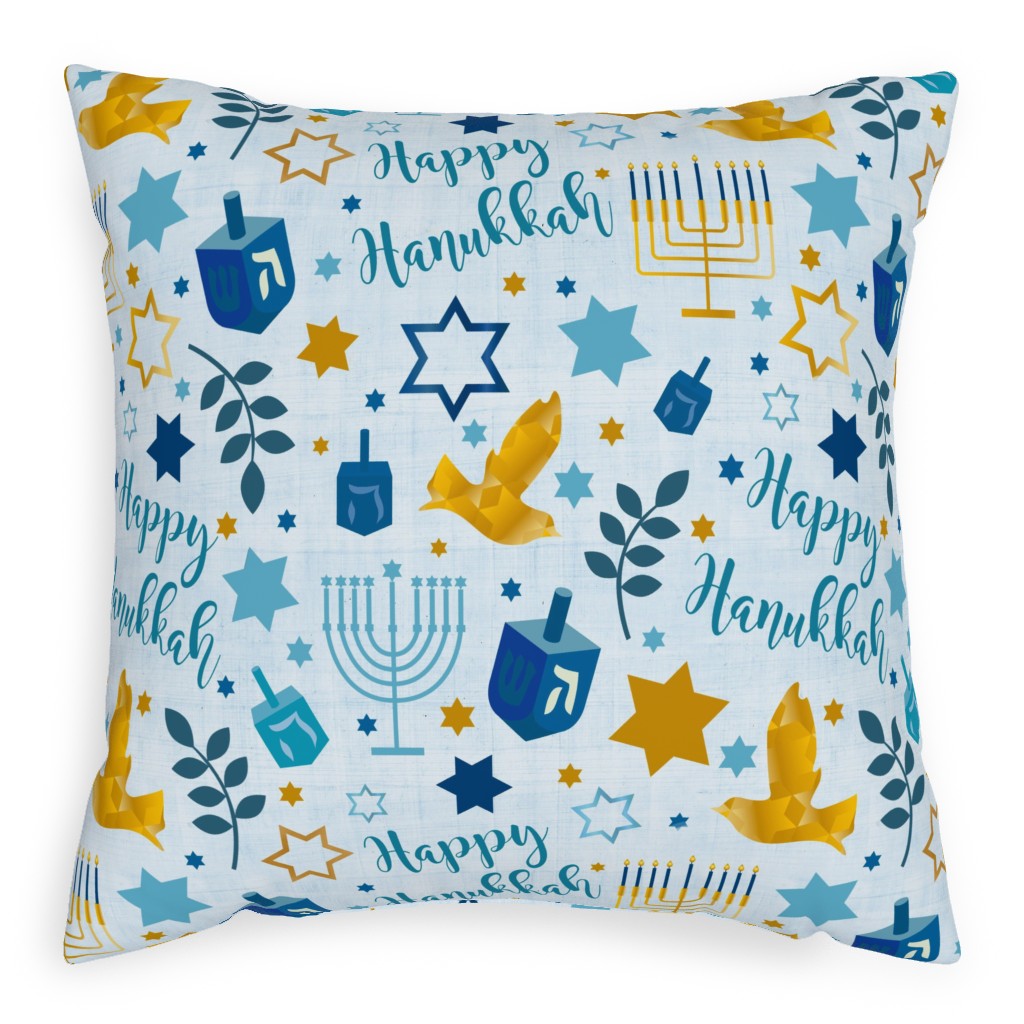 Happy Hanukkah - Multi Pillow, Woven, Beige, 20x20, Single Sided, Blue