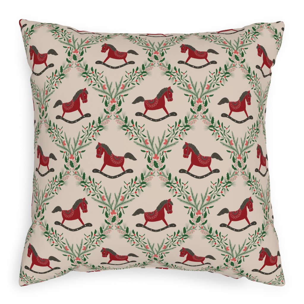 Christmas Wreath and Wooden Horse Pillow, Woven, Beige, 20x20, Single Sided, Multicolor