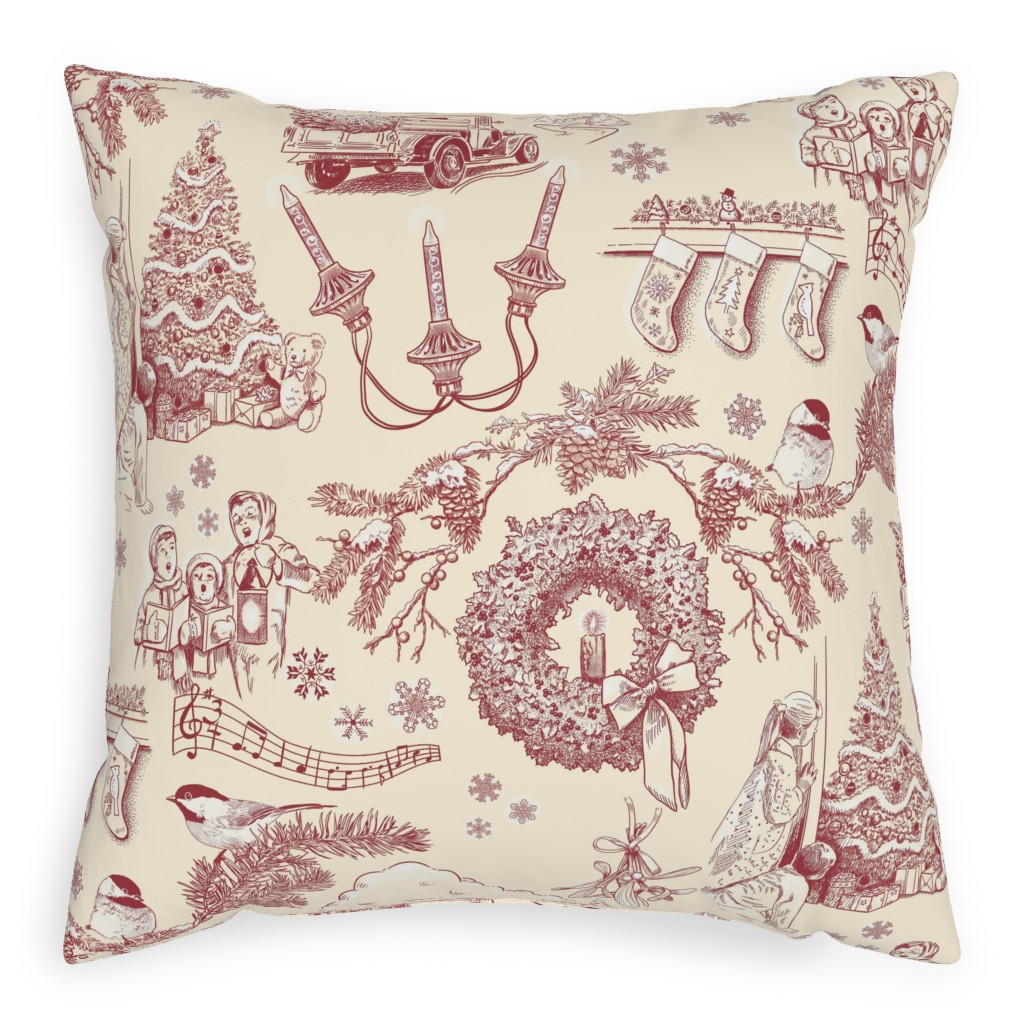 Holiday Traditions Toile - Red on Cream Pillow, Woven, Beige, 20x20, Single Sided, Red