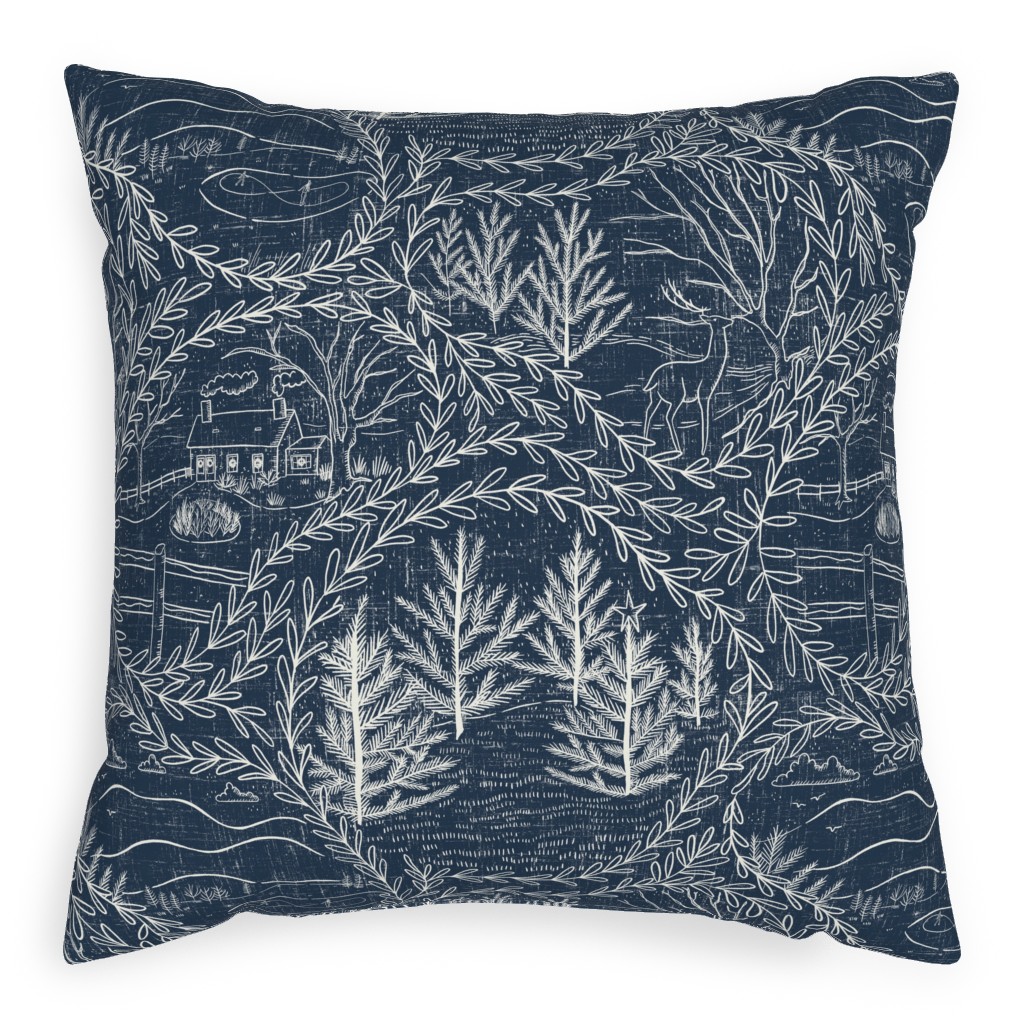 Winter Holiday Toile - Navy Pillow, Woven, Beige, 20x20, Single Sided, Blue