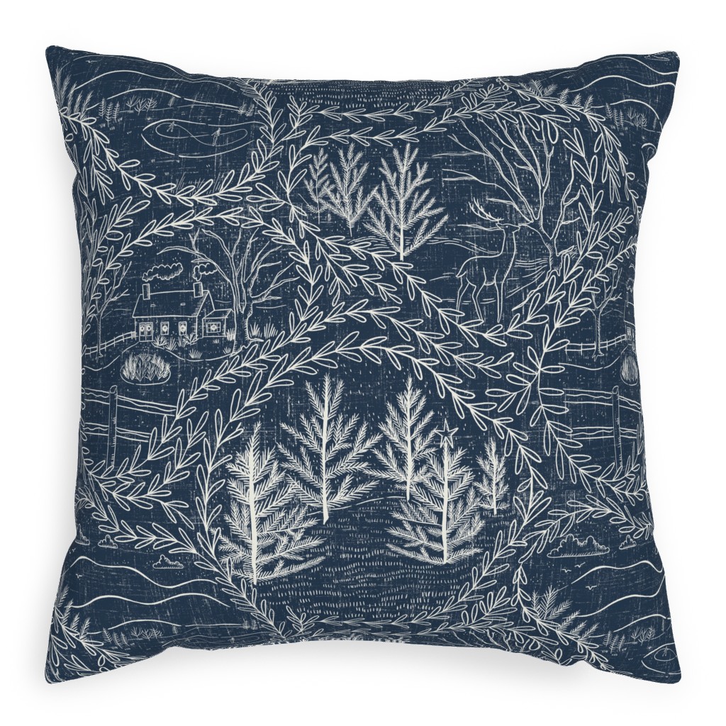 Winter Holiday Toile - Navy Pillow, Woven, Beige, 20x20, Single Sided, Blue, True Blue