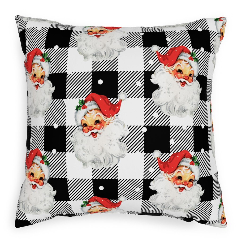 Jolly Retro Santa and Plaid - Black and White Pillow, Woven, Beige, 20x20, Single Sided, Multicolor