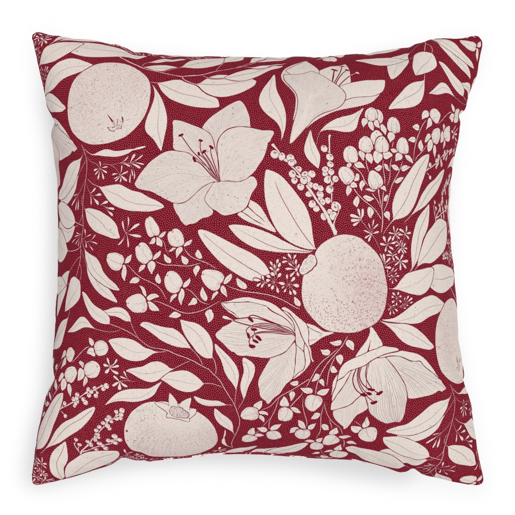 Winter Florals - Burgundy Pillow, Woven, Beige, 20x20, Single Sided, Red