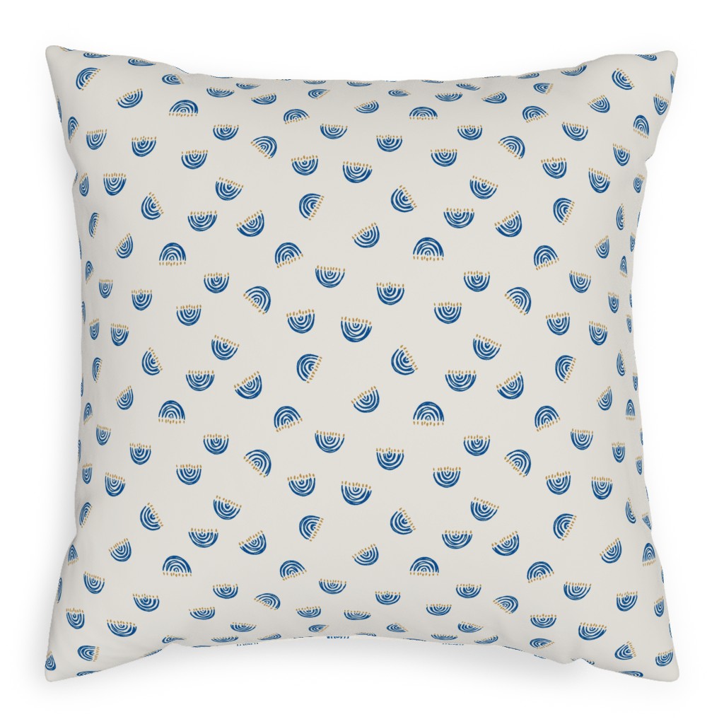 Nine Branch Menorah Tossed in Bright Blue Pillow, Woven, Beige, 20x20, Single Sided, Beige, Pearl