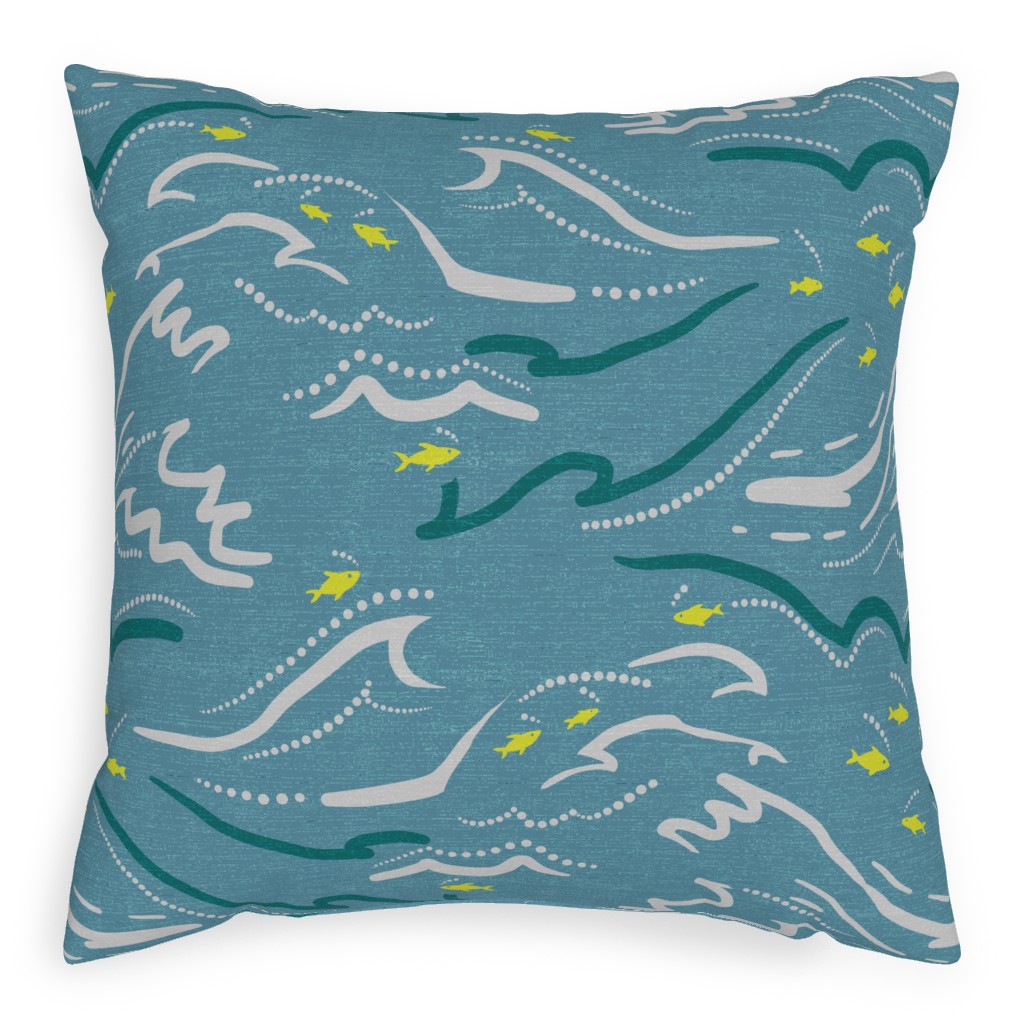 Mid Century Fish and Waves Pillow, Woven, Beige, 20x20, Single Sided, Blue, True Blue