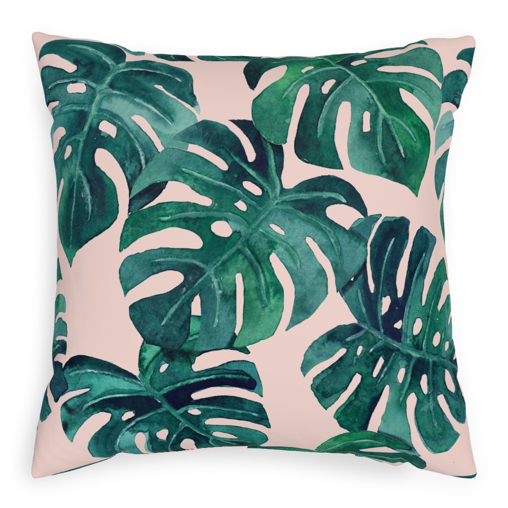 Watercolor Monstera Leaves - Green on Blush Pink Pillow, Woven, Beige, 20x20, Single Sided, Green