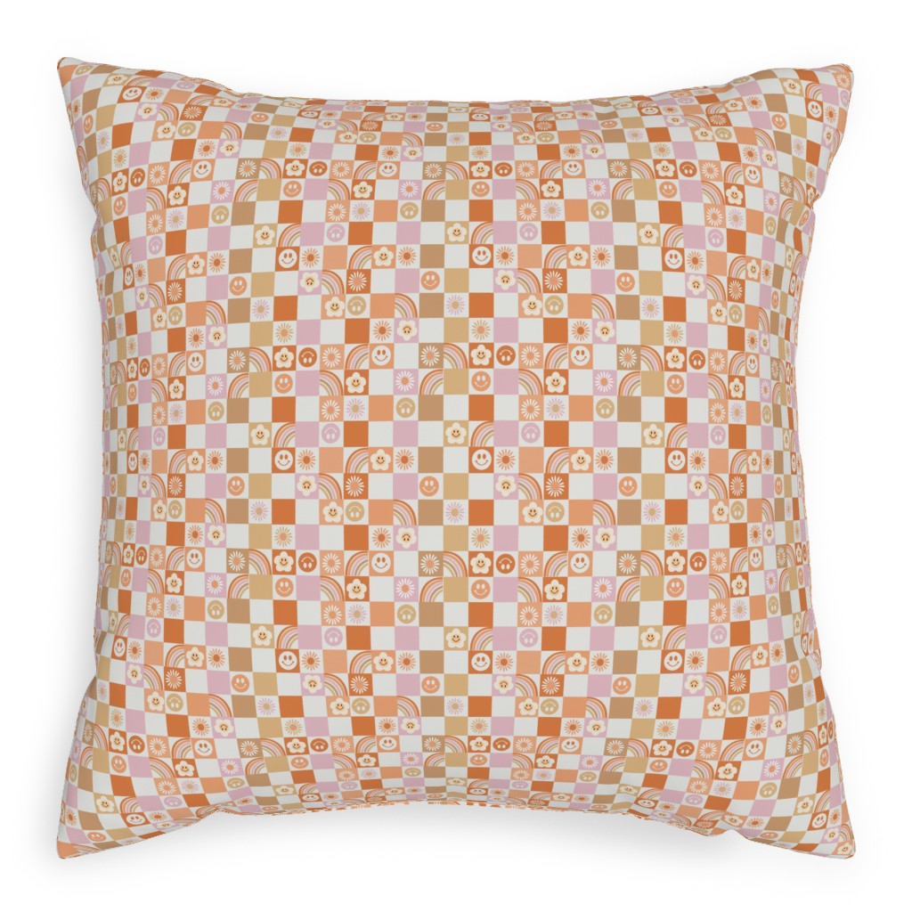 Retro Checkerboard - Daisy, Smile, Happy - Pink Orange Pillow, Woven, Beige, 20x20, Single Sided, Orange