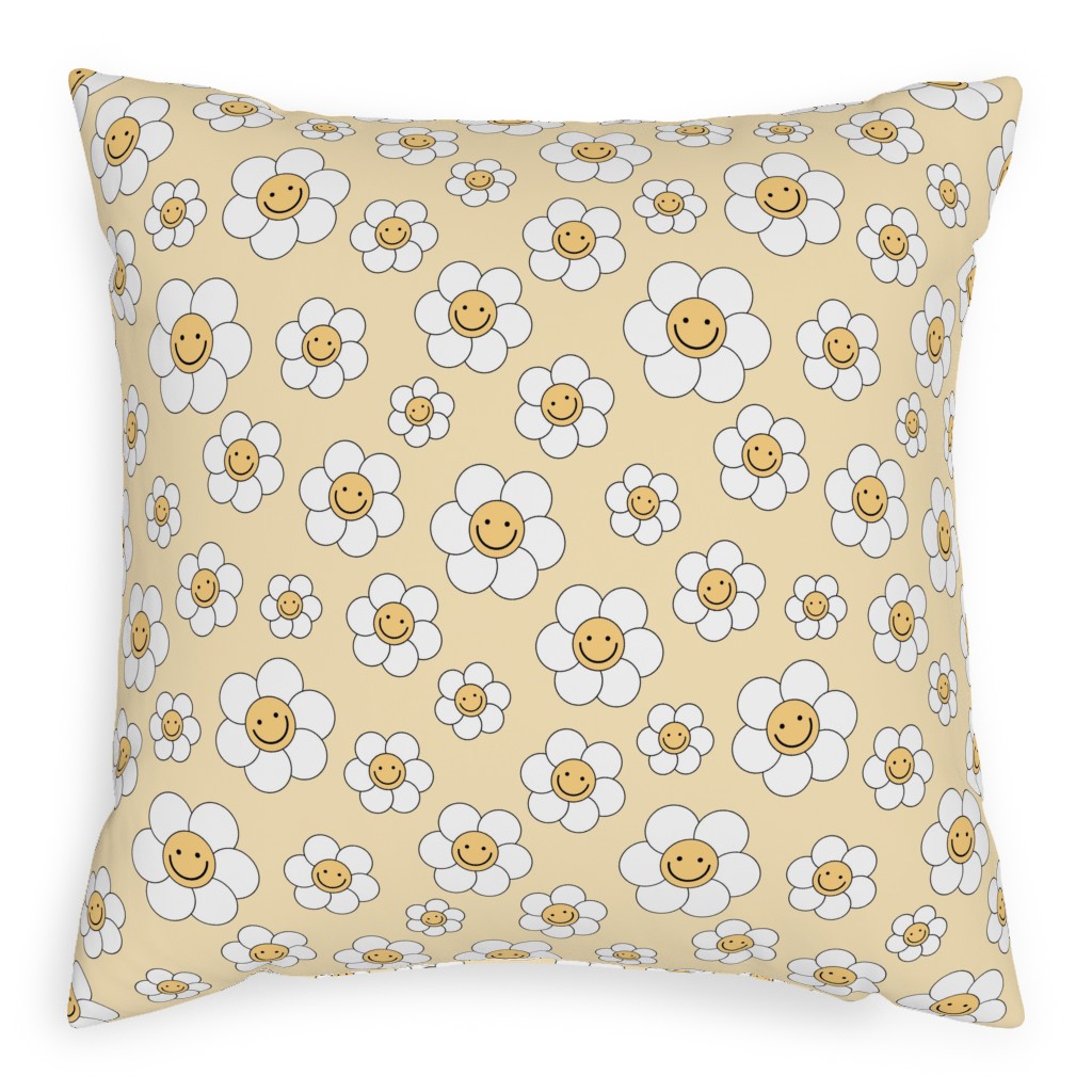 Sweet Smiling Daisies Pillow, Woven, Beige, 20x20, Single Sided, Yellow, Champagne
