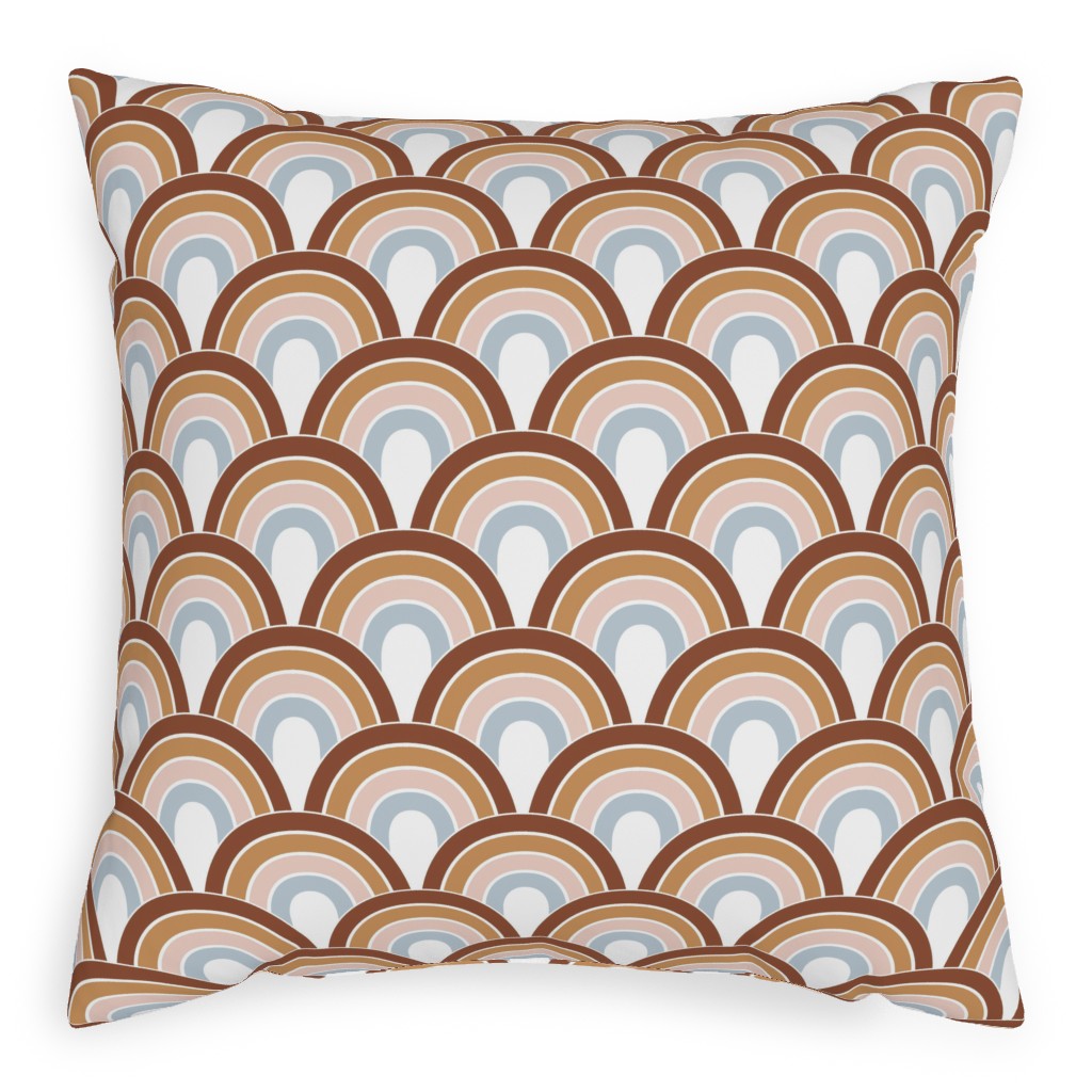 Retro Rainbow Waves - Scales and Curves - Rust Beige Blush Blue on White Pillow, Woven, Beige, 20x20, Single Sided, Orange, Orange