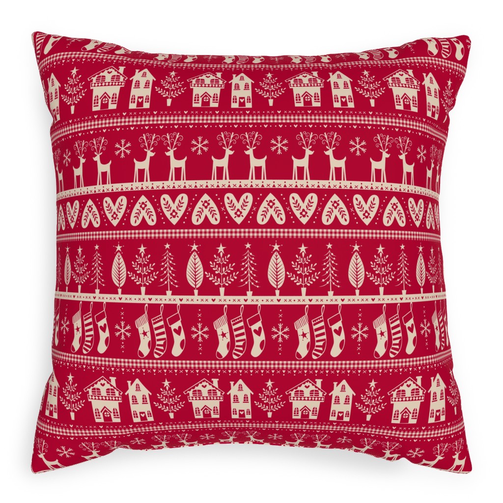 Vintage Nordic Christmas Pillow, Woven, Beige, 20x20, Single Sided, Red
