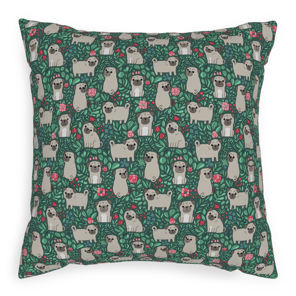 Cute Pugs and Flowers - Multicolor Pillow, Woven, Beige, 20x20, Single Sided, Green