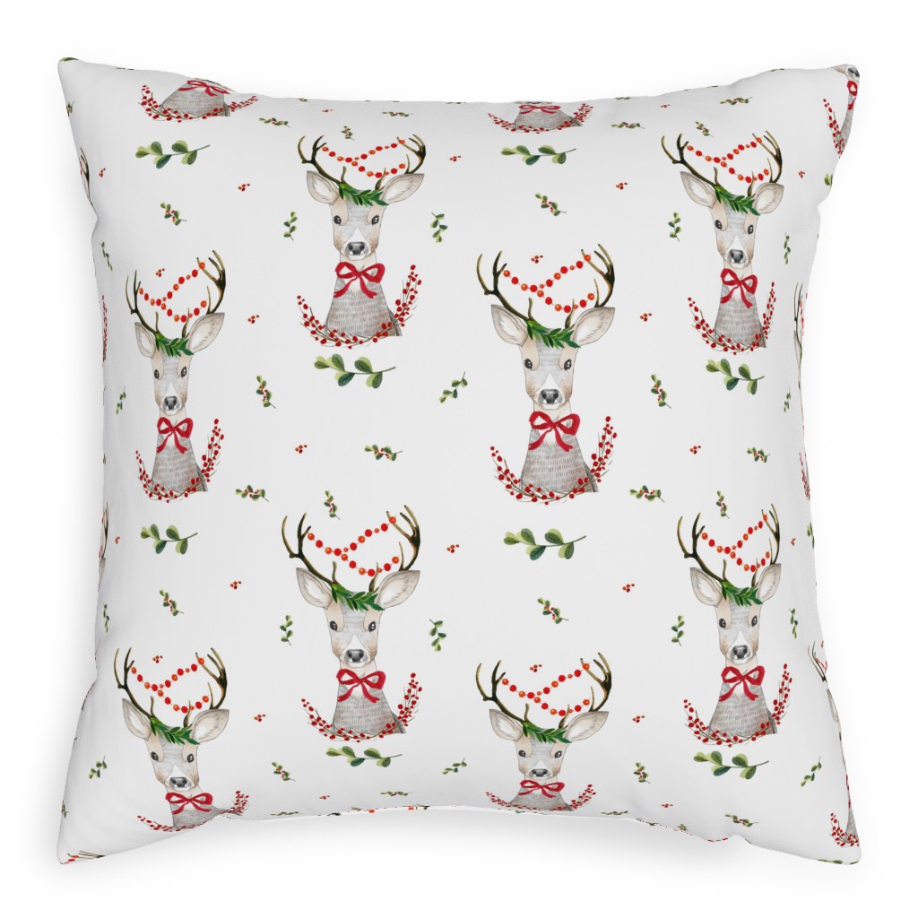 Holiday Fancy Deer With Holly Pillow, Woven, Beige, 20x20, Single Sided, Multicolor