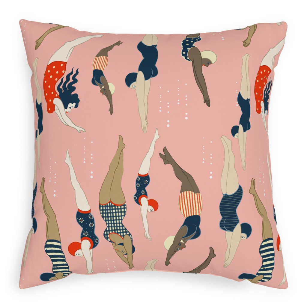 Lady Divers - Pink Pillow, Woven, Beige, 20x20, Single Sided, Pink, Bright Pink